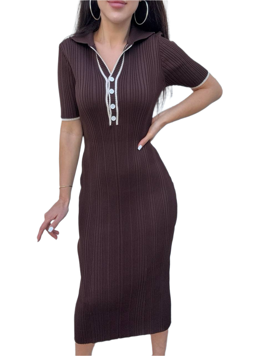 Brown ribbed dress with white buttons on a white background