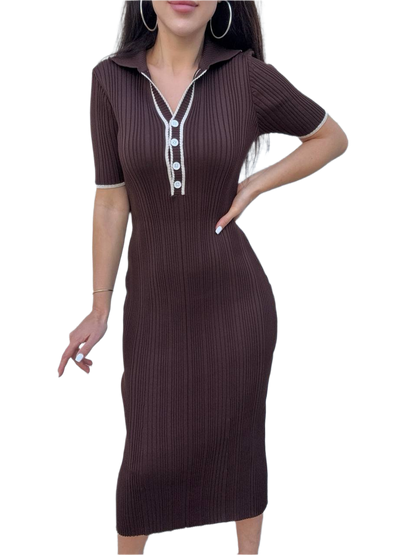 Brown ribbed dress with white buttons on a white background