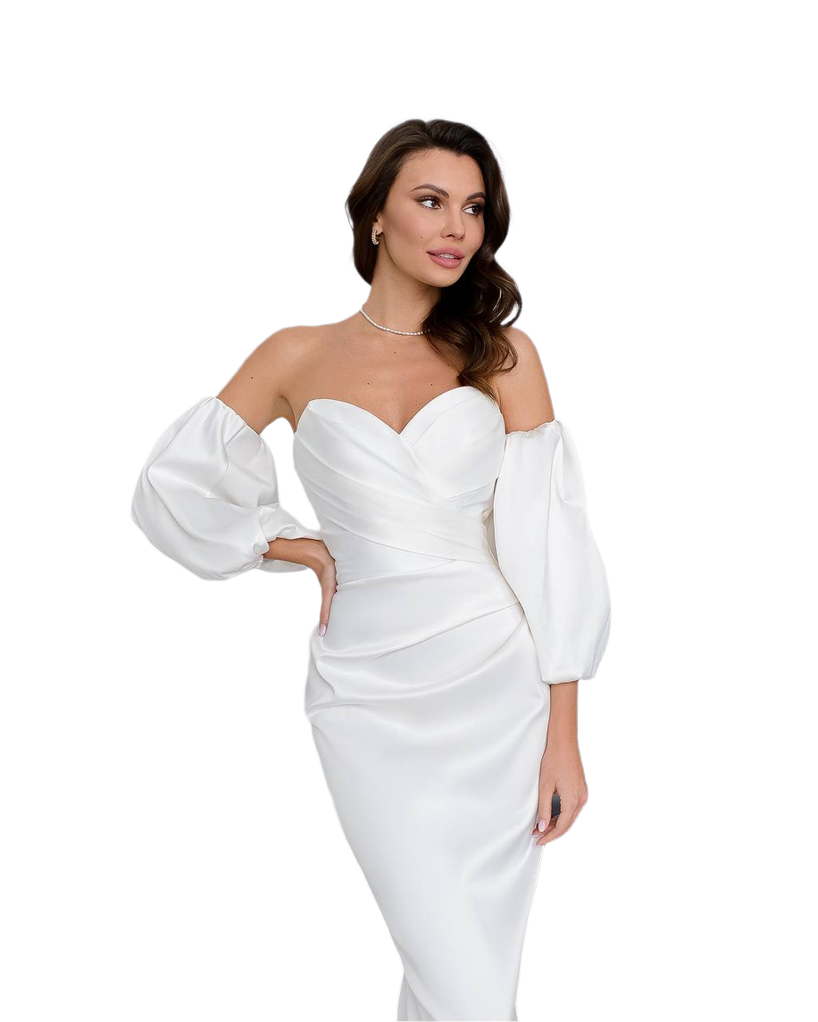 Woman wearing a white off-shoulder dress on a white background