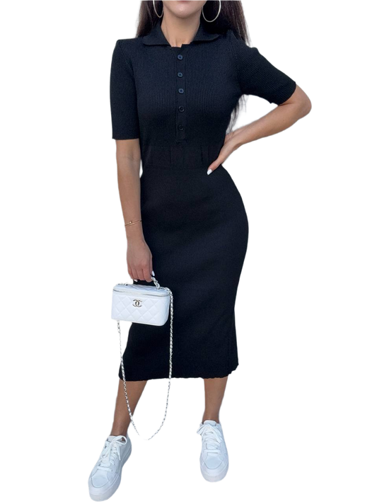 Brenda Black Knit Dress for Women Elastic Fit Midi Length