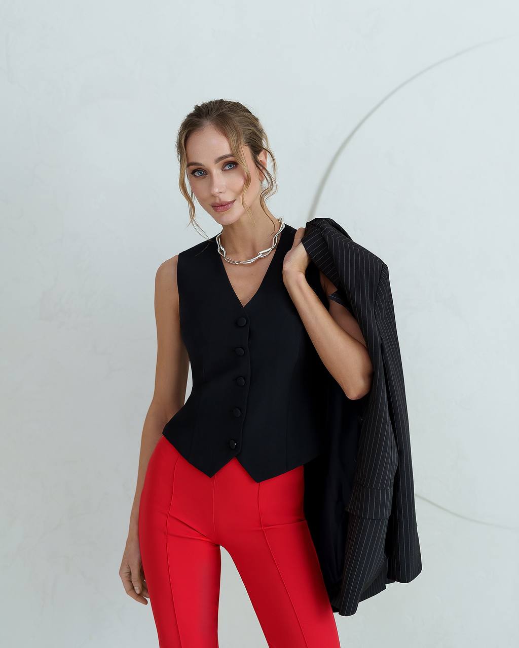 Womens Tailored Black Vest Premium Diagonal Suit Crepe