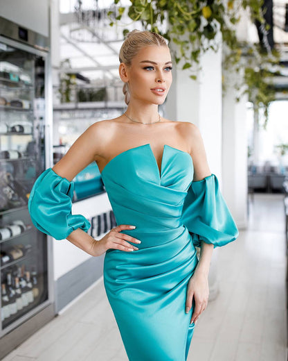 Off Shoulder Royal Satin Midi Dress with Puff Sleeves