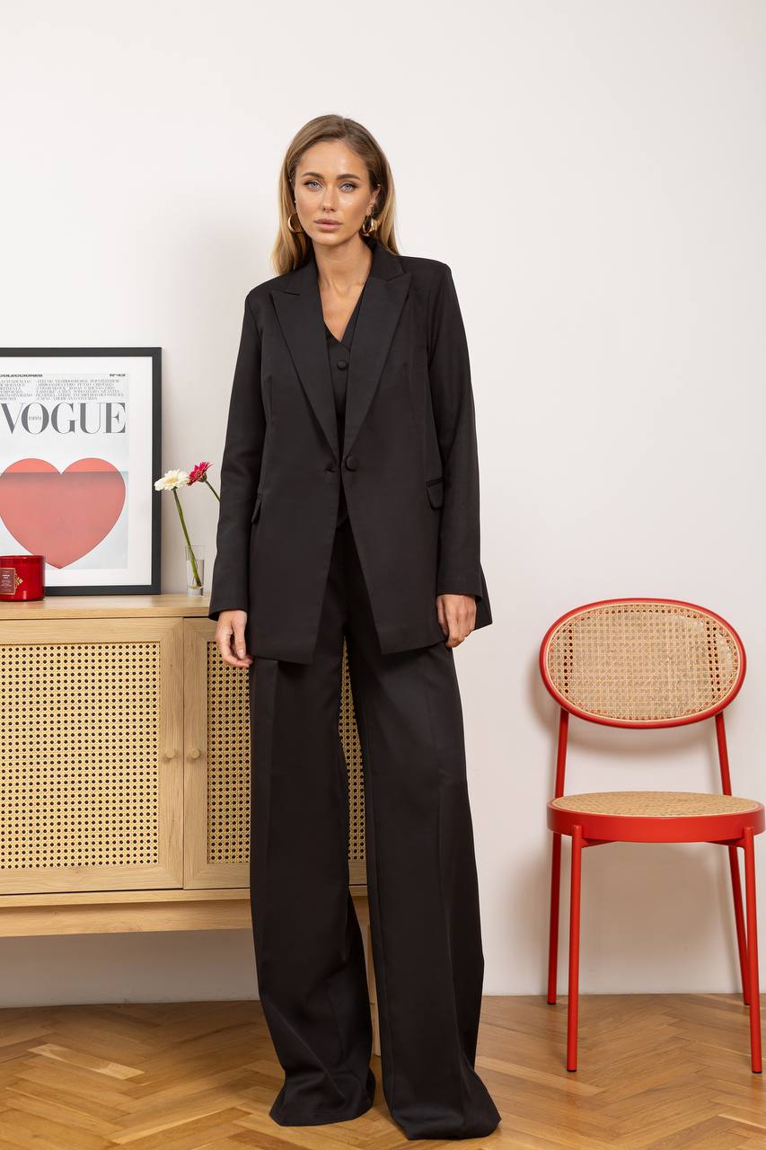 Black Women's Three Piece Suit Diagonal Crepe Lined Vest Jacket Trousers