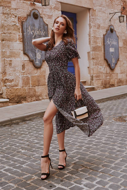 Floral Printed Staple Fabric Midi Dress for Women