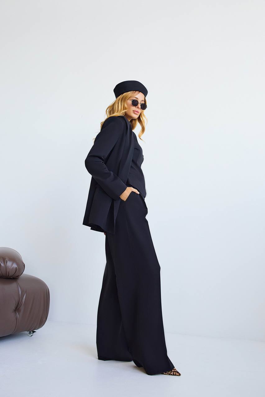 Black Women's Three Piece Suit Diagonal Crepe Lined Vest Jacket Trousers