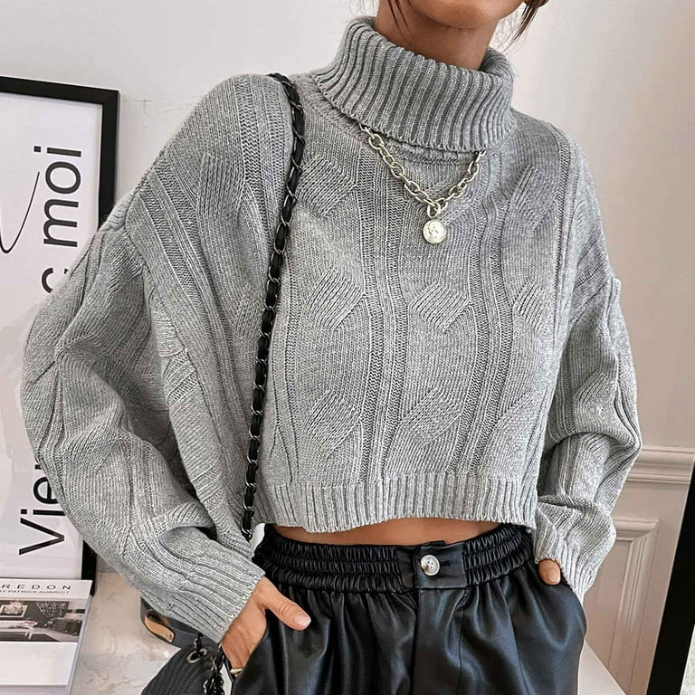 Women Knitted Dark Gray Cozy Sweater with Drawstring Hem