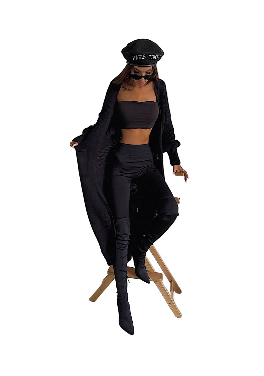 Stylish Long Black Knit Cardigan for Women