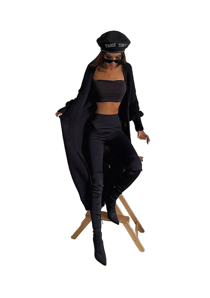 Stylish Long Black Knit Cardigan for Women