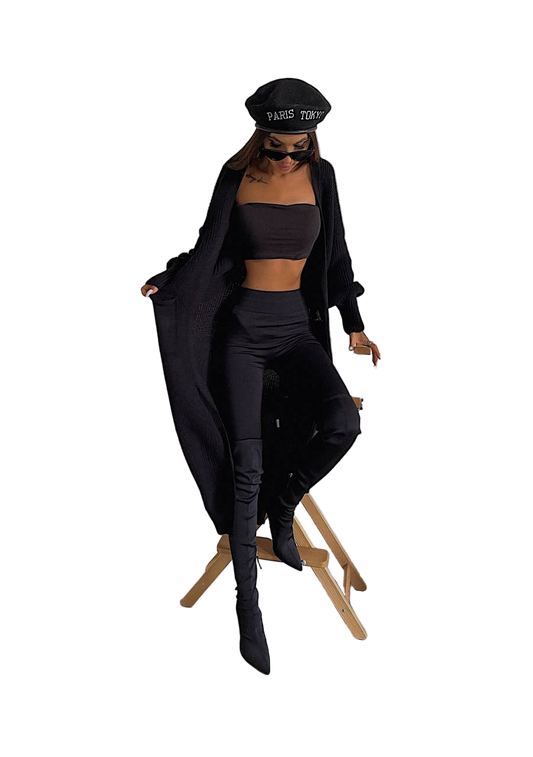 Stylish Long Black Knit Cardigan for Women