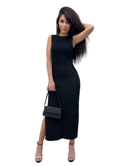 Greta Black Sleeveless Midi Dress with Side Slit for Women