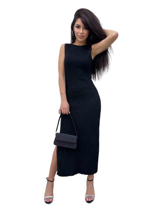 Greta Black Sleeveless Midi Dress with Side Slit for Women