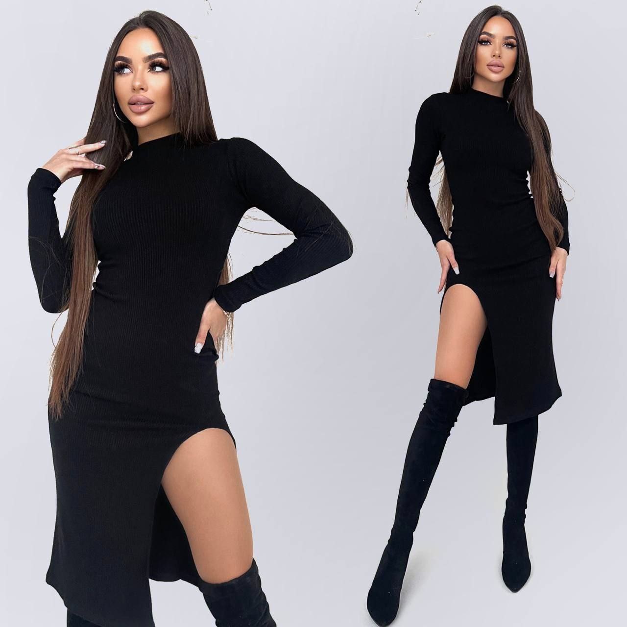 Woman wearing a black dress with a slit and knee-high boots on a white background