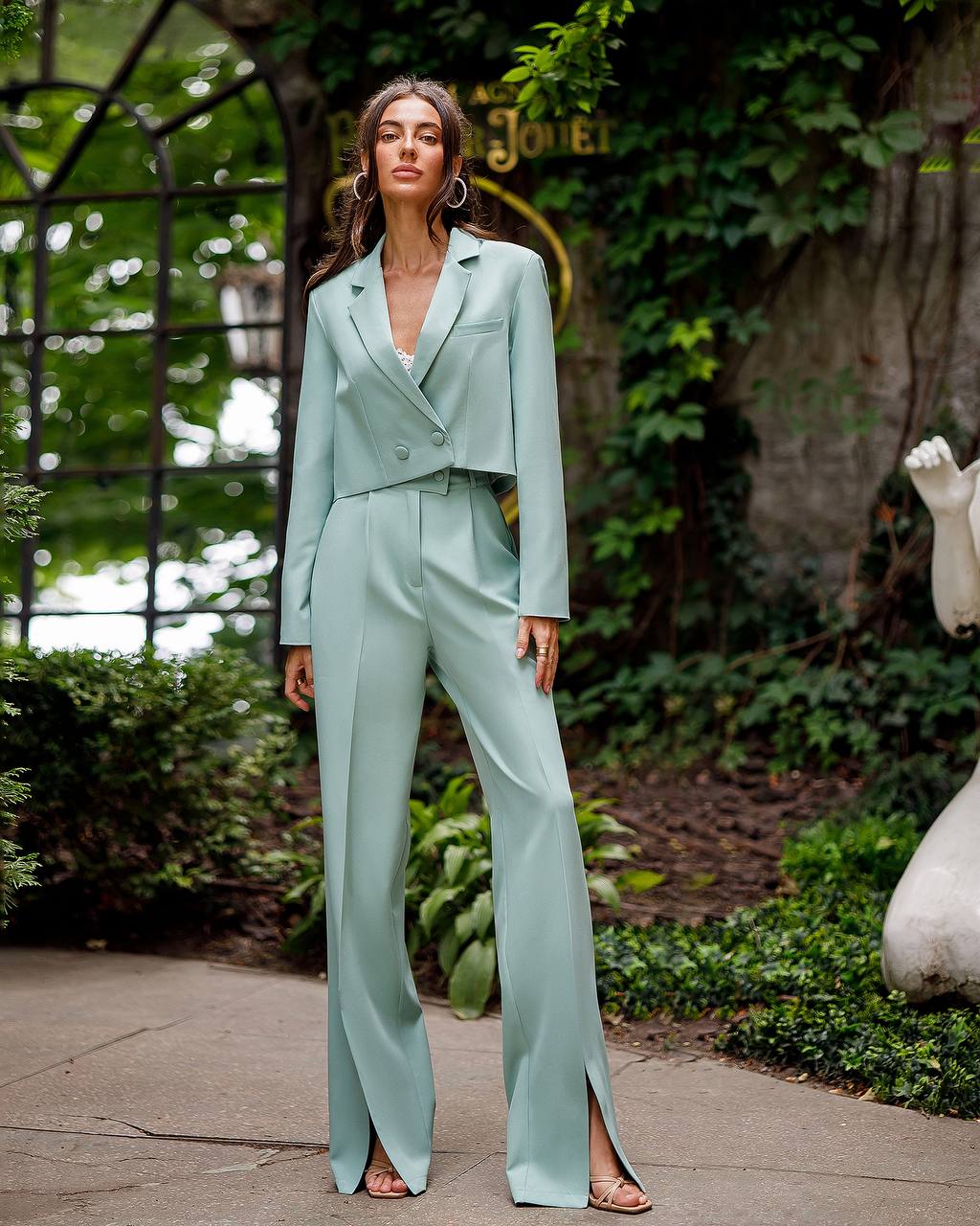 Womens Cropped Jacket Suit With High Waist Slit Trousers