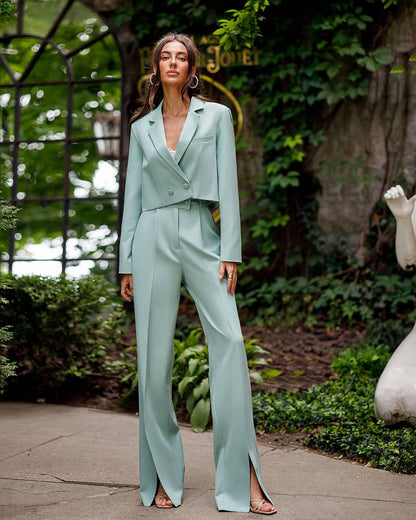 Womens Cropped Jacket Suit With High Waist Slit Trousers