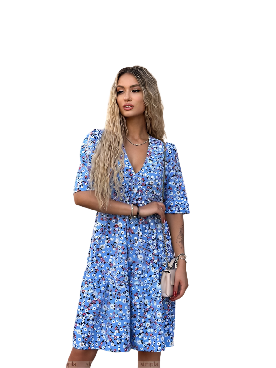 Elegant Blue Floral Summer Dress Silk Soft Fabric