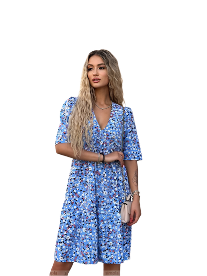 Elegant Blue Floral Summer Dress Silk Soft Fabric