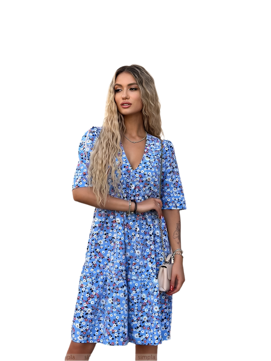 Elegant Blue Floral Summer Dress Silk Soft Fabric