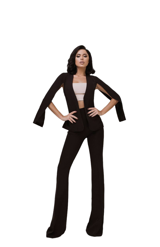 Womens Black Diagonal Crepe Suit with Unique Sleeve Design