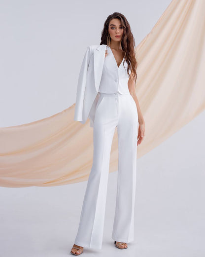 Womens Premium Diagonal Crepe Suit with Satin Collar in White