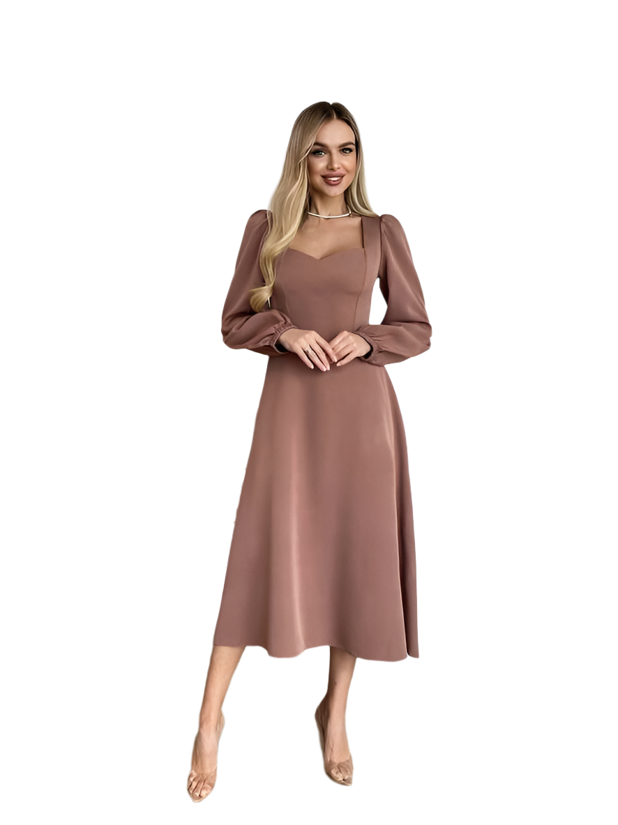 Woman wearing a brown dress on a white background