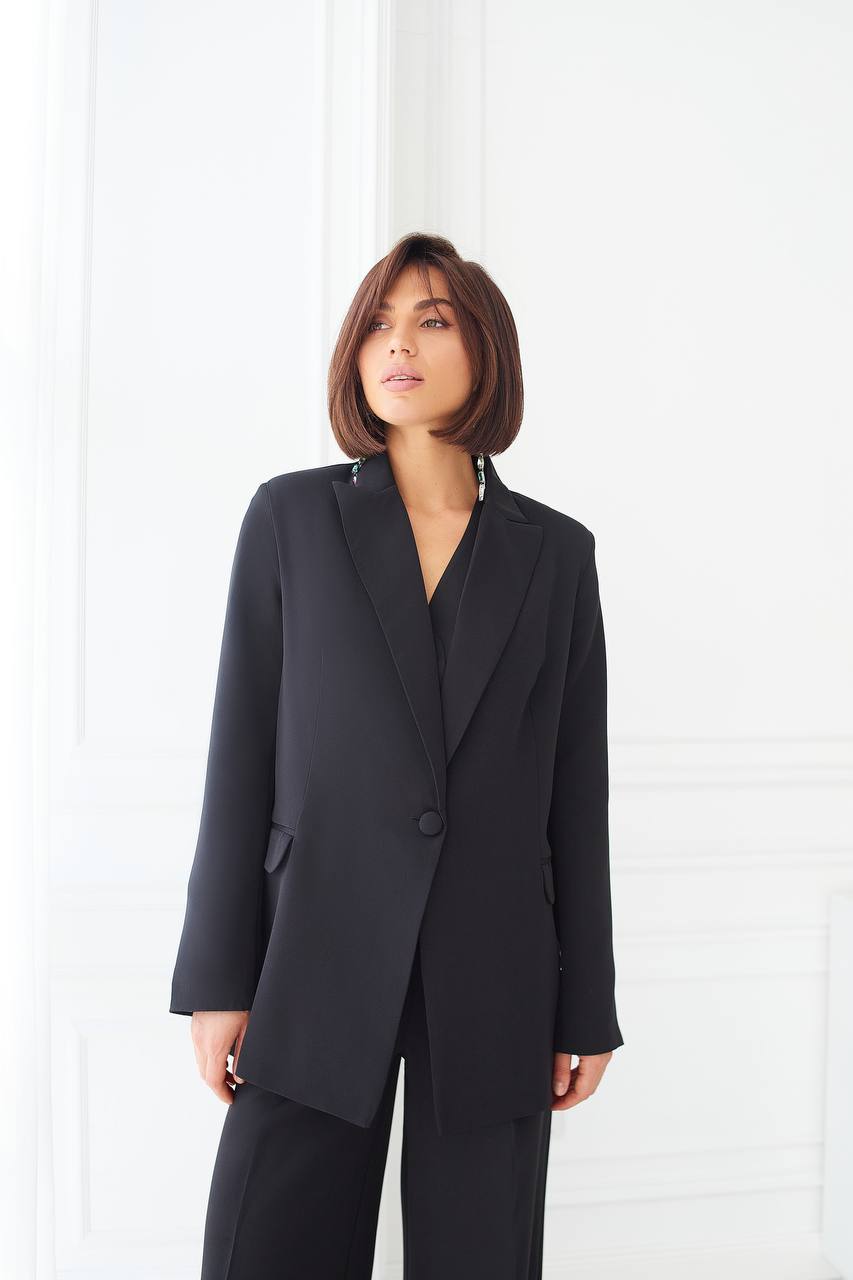 Black Women's Three Piece Suit Diagonal Crepe Lined Vest Jacket Trousers