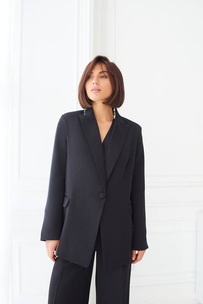 Black Women's Three Piece Suit Diagonal Crepe Lined Vest Jacket Trousers