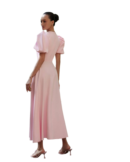 Elegant Puff Sleeve Midi Dress in Pink Premium Diagonal Suit Crepe