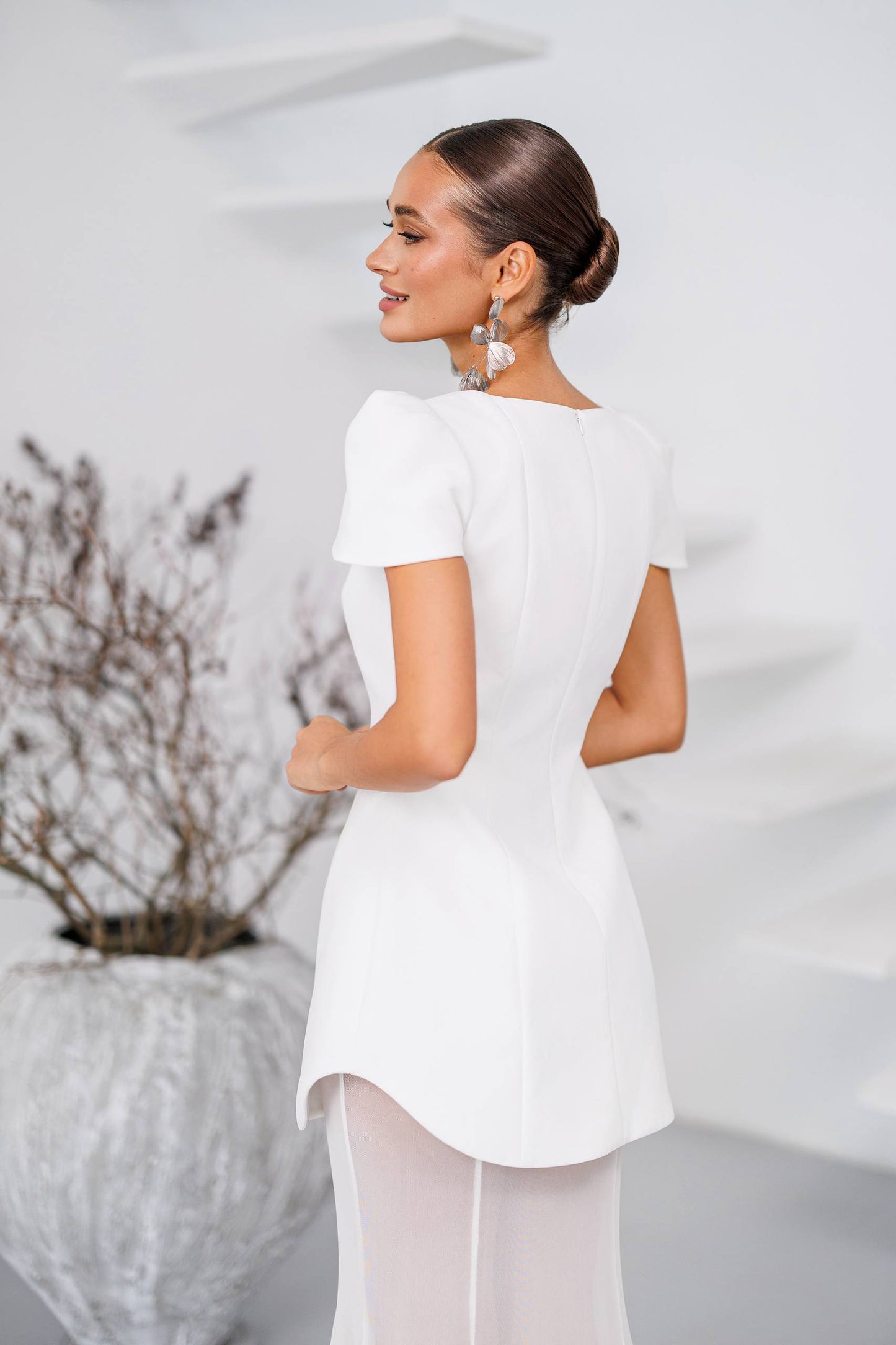 Milk Peplum Dress and Sheer Mesh Skirt Set Diagonal Crepe Euro Mesh