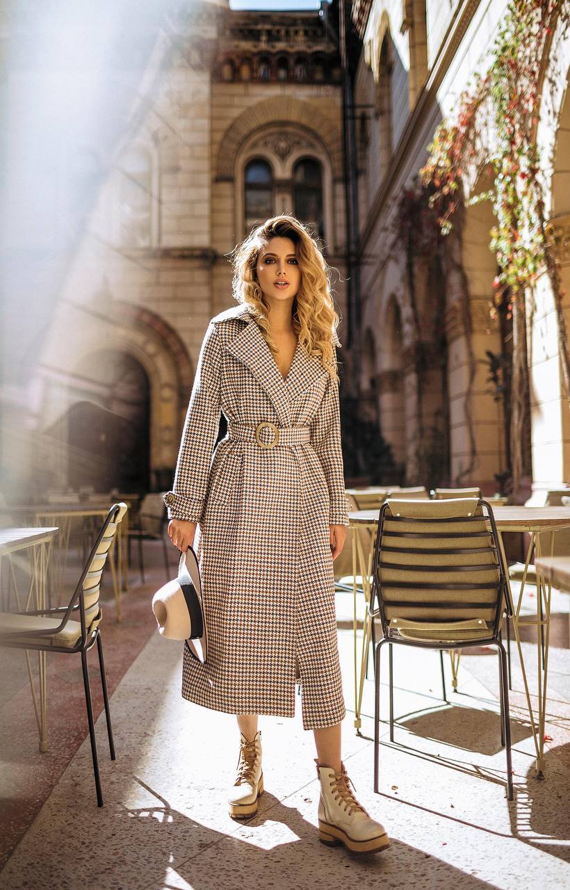 Womens Turkish Fabric Houndstooth Pattern Long Coat with Belt