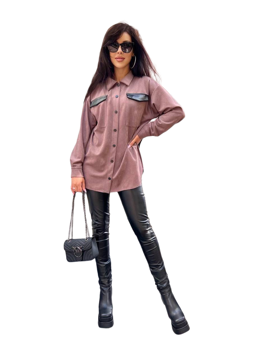 Womens Diagonal Suede Shirt with Eco-Leather Inserts and Belt