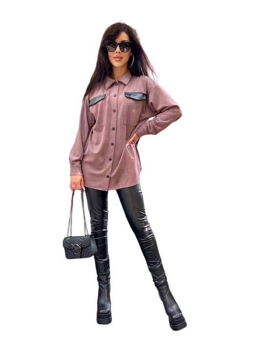 Womens Diagonal Suede Shirt with Eco-Leather Inserts and Belt