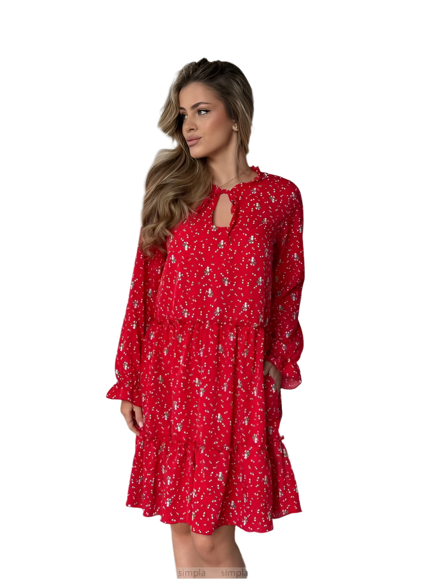 Red Floral Loose Fit Dress with Side Pockets and Tie Neck Detail