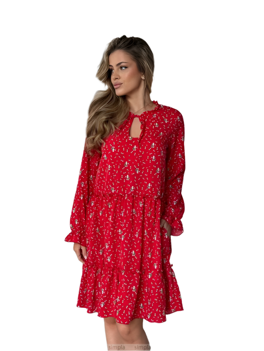 Red Floral Loose Fit Dress with Side Pockets and Tie Neck Detail