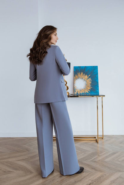 Gray Palazzo Suit Women Diagonal Crepe Tailored Blazer and Wide Leg Trousers
