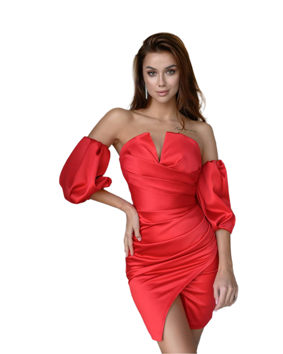 Elegant Red Corset Dress with Puffy Sleeves Satin