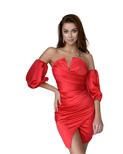 Elegant Red Corset Dress with Puffy Sleeves Satin