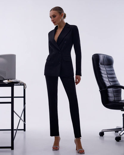 Black Women Jacket Pants Suit Pantsuit Chic Oficial interview Elegant Cocktail Prom Graduation
