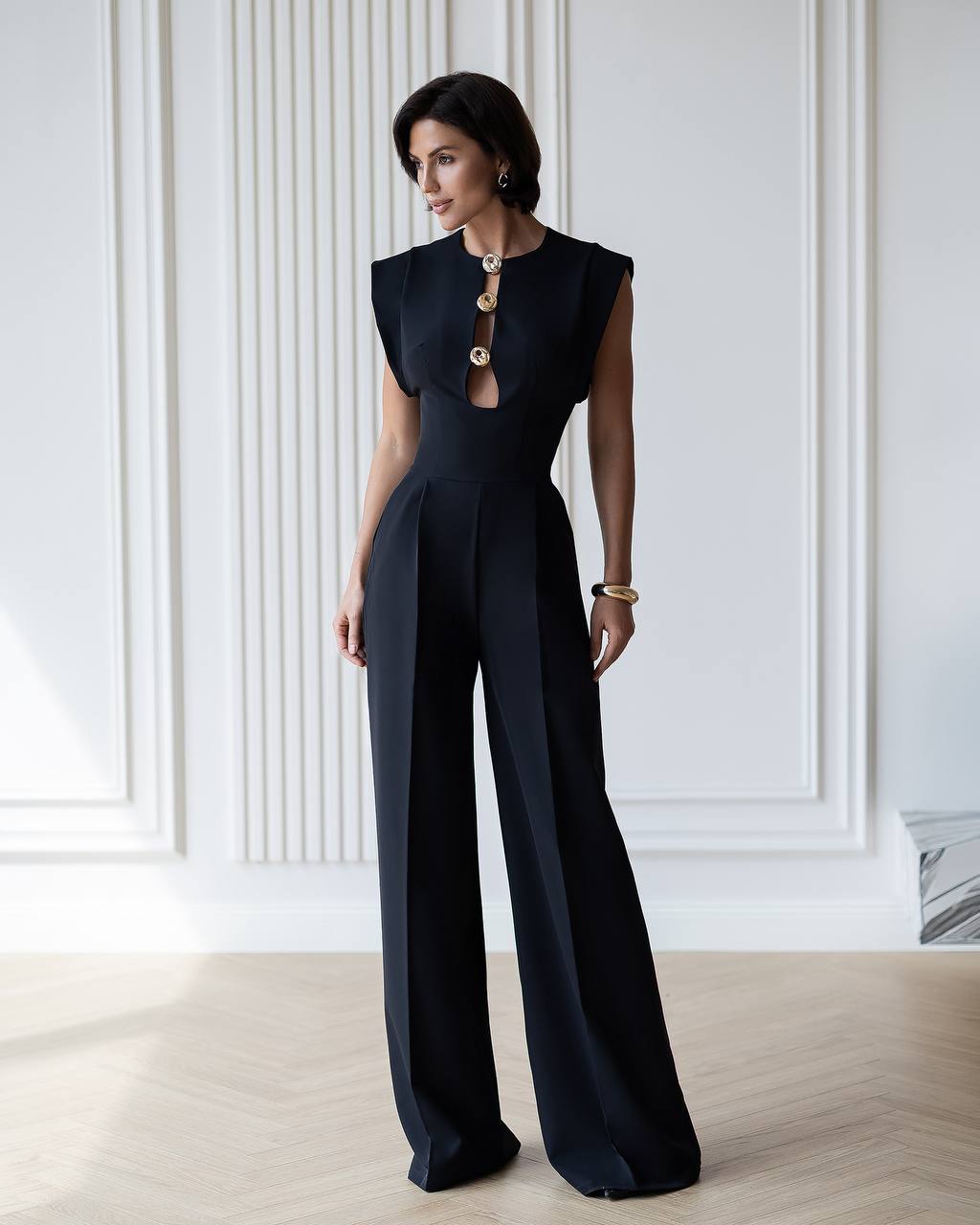 Womens Tailored Wide Leg Jumpsuit with Keyhole Neckline