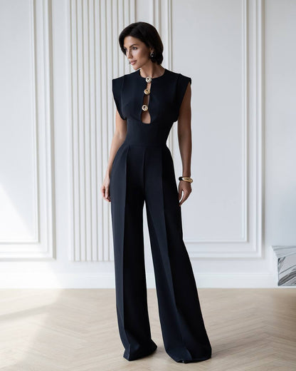 Womens Tailored Wide Leg Jumpsuit with Keyhole Neckline