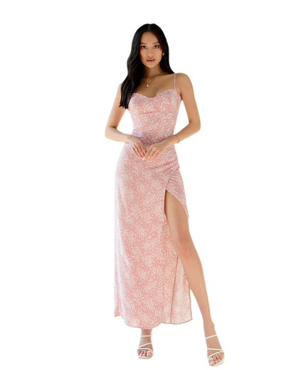 Elegant Pink Dress with Cups and Slit in Staple Fabric