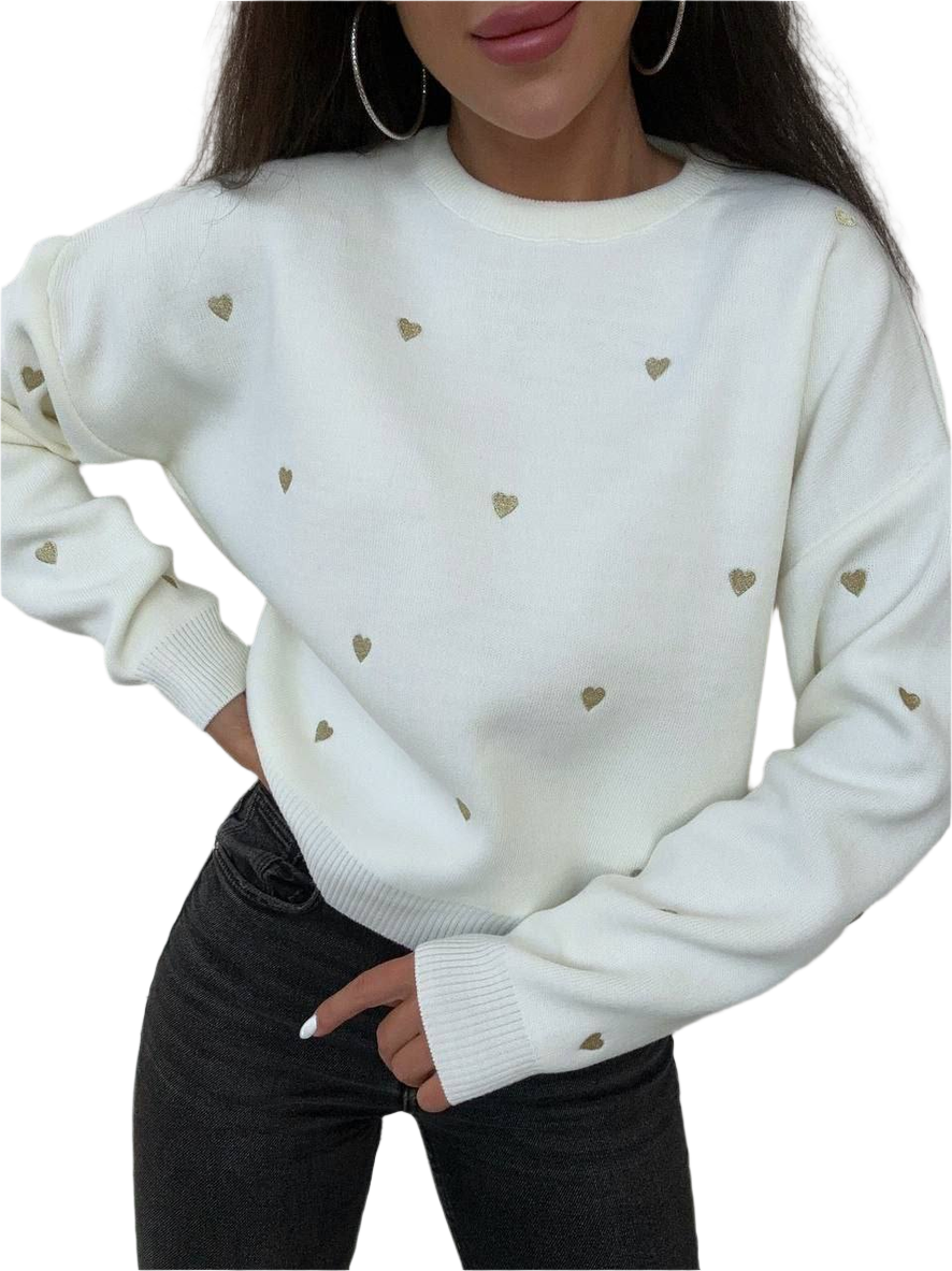 Tenderness White Sweater for Women with Gold Heart Embroidery