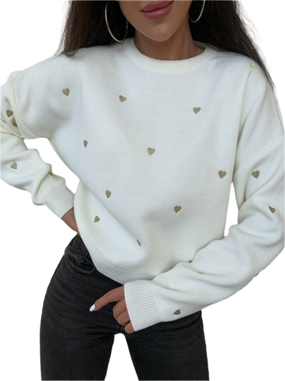 Tenderness White Sweater for Women with Gold Heart Embroidery