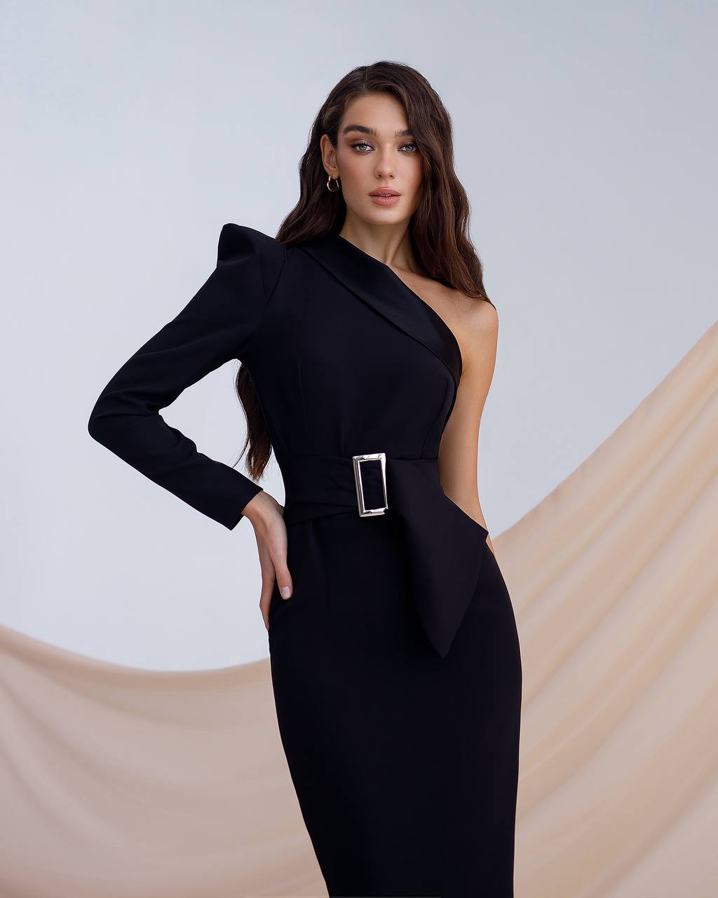 Elegant One-Shoulder Black Midi Dress with Belt