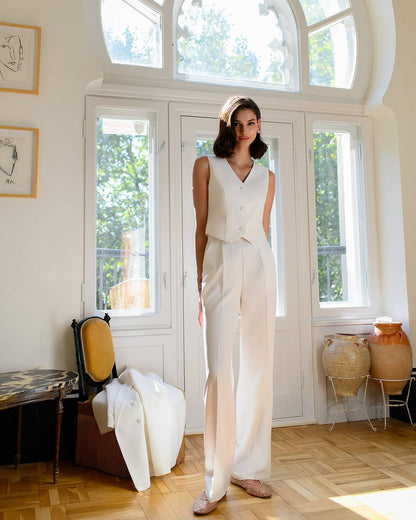 Womens White Three Piece Suit Premium Crepe Diagonal Fabric