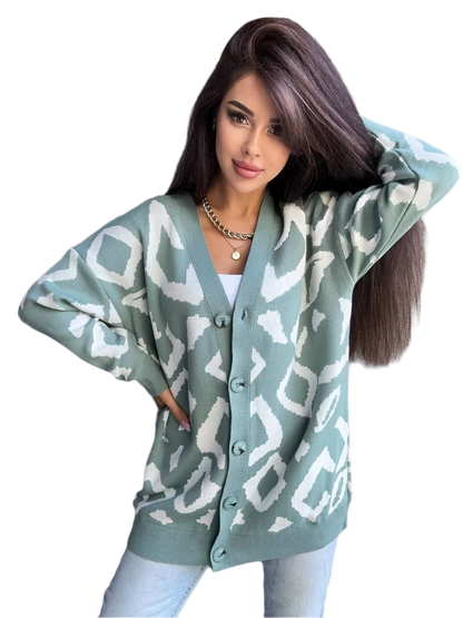 Womens Leo Cardigan Oversized Pattern Knit Sweater