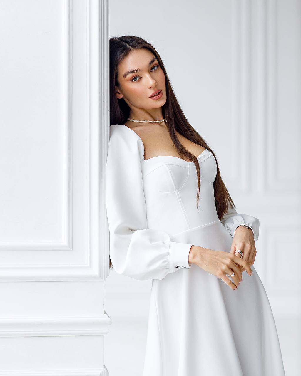White Midi Dress with Cups and Long Puff Sleeves for Women