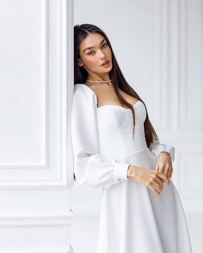 White Midi Dress with Cups and Long Puff Sleeves for Women