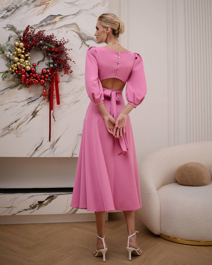 Elegant Midi Dress in Premium Diagonal Suiting Crepe with Puff Sleeves and Back Cutout