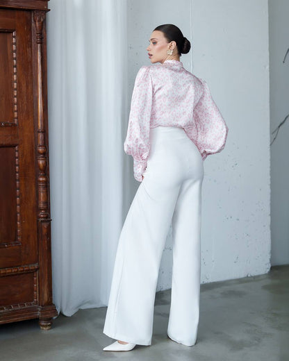 Elegant Wide Leg Trousers with Draped Top in Premium Diagonal Suiting Crepe