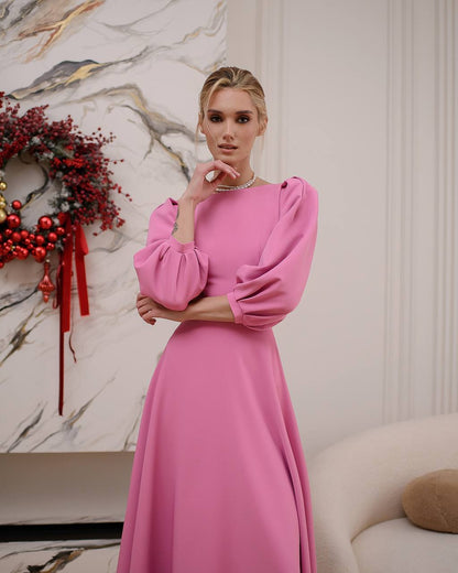 Elegant Midi Dress in Premium Diagonal Suiting Crepe with Puff Sleeves and Back Cutout